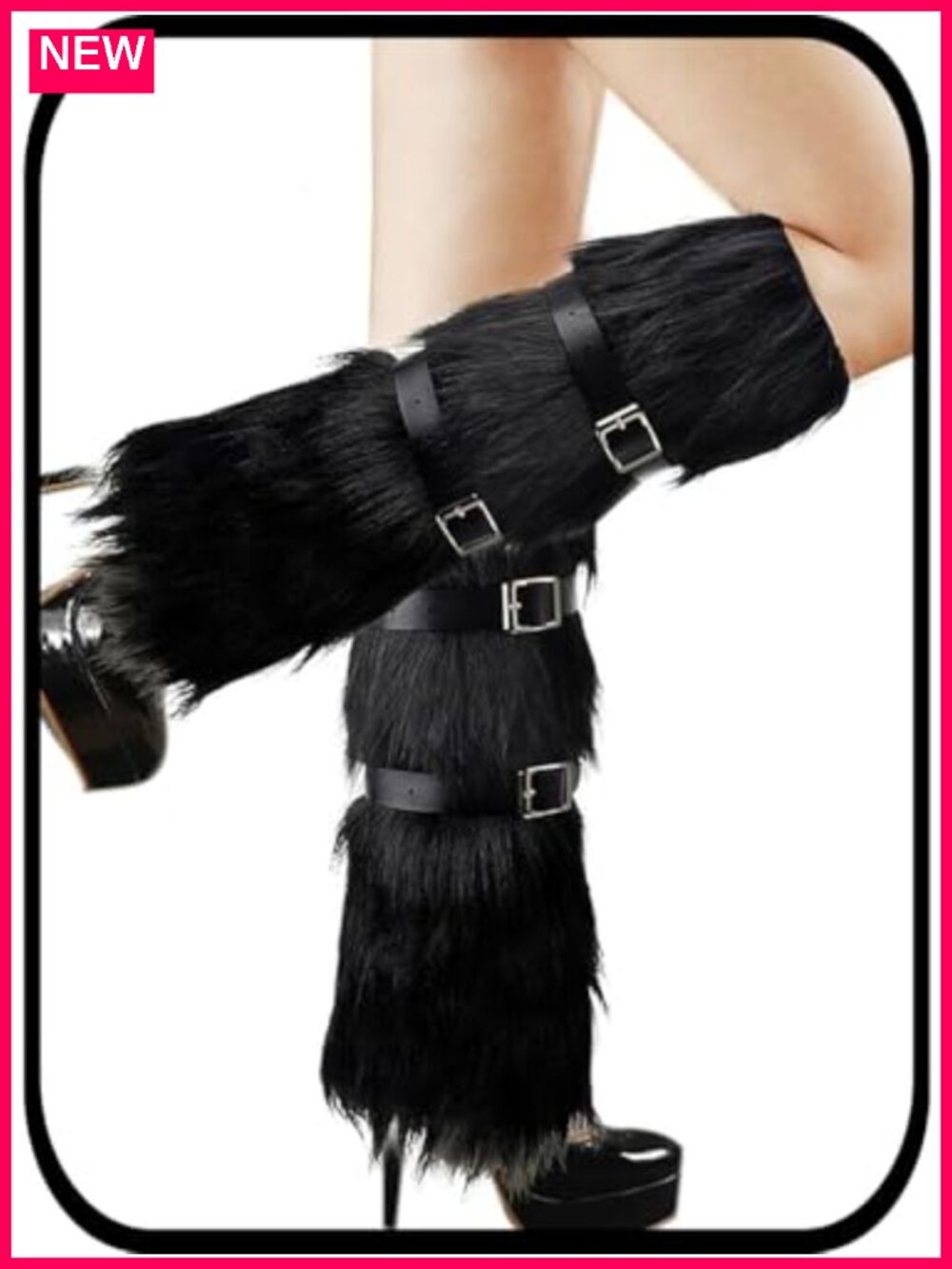 Faux Fur Knit Leg Warmers with PU Belt - Long Knee High Boot Covers for Women